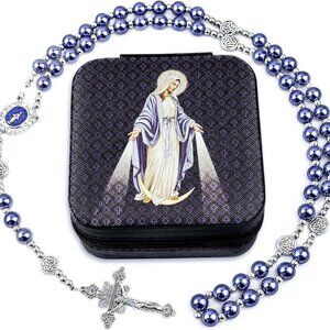 8mm Pearl Rosary Necklace Catholic Jewelry First Communion Gift Blue